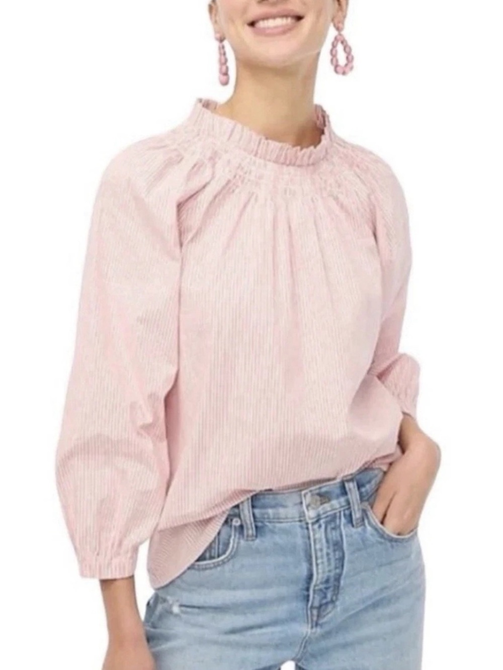 J. Crew Light Pink Smocked Neck Peasant Blouse